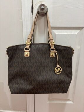 Michael Kors Brown MK Monogram Tote with Tan Straps